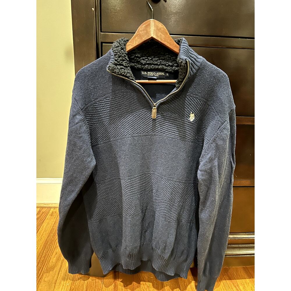 US Polo Assn Men's Size Large Navy Blue Textured Knit 1/4 Zip Sherpa  Mock Neck